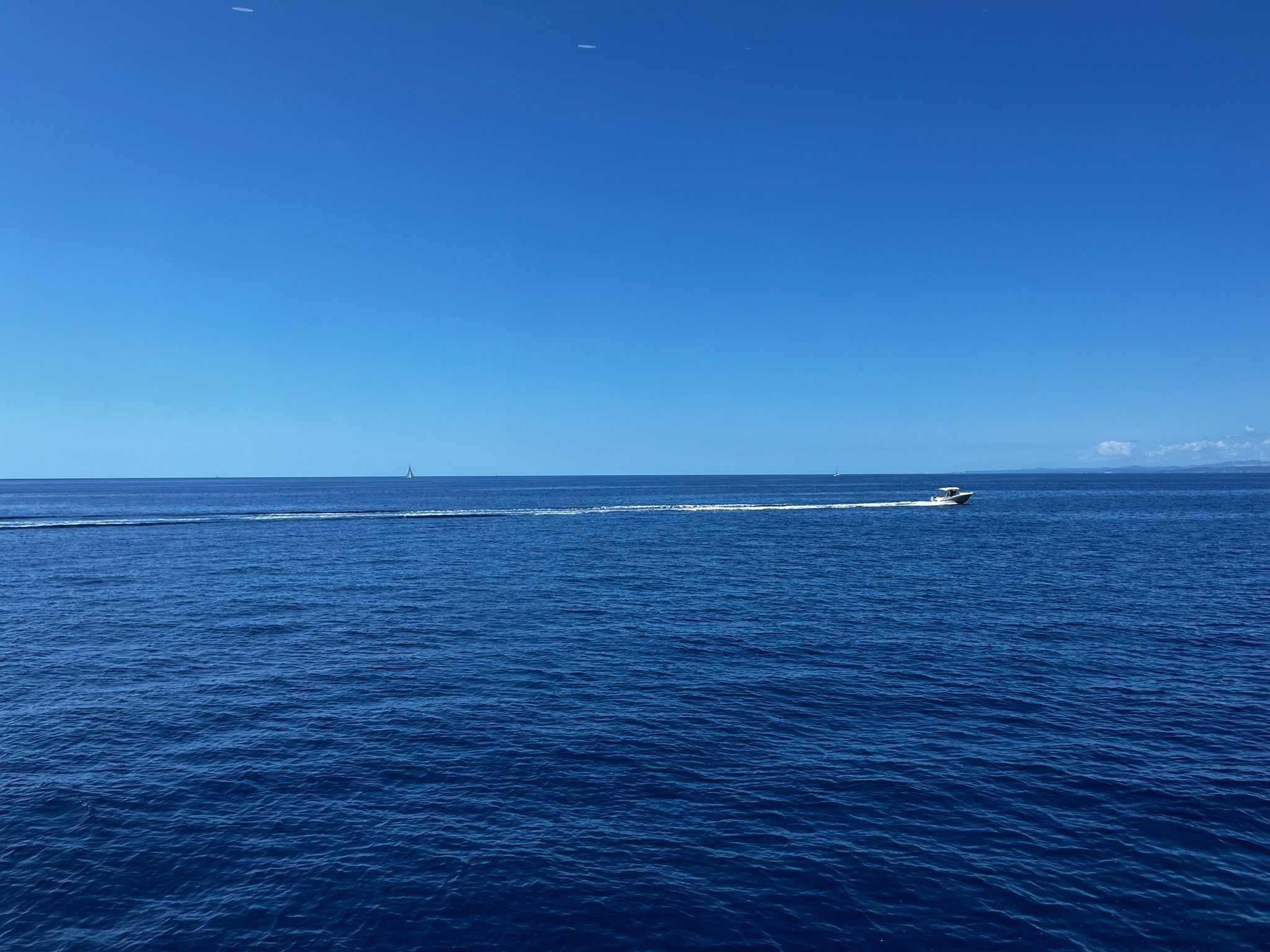 Open sea under a clear sky, a motorboat leaving a long wake near the horizon